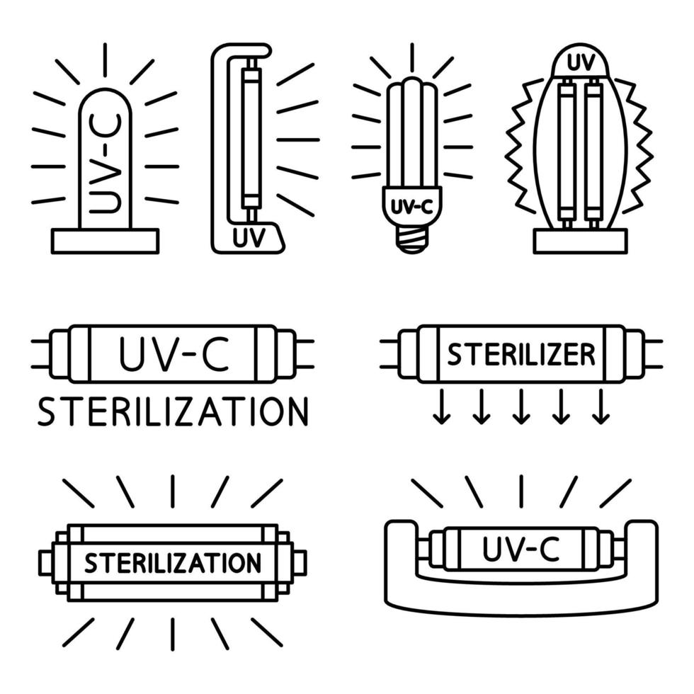 Ultraviolet, disinfection lamp. Information signs for packaging markings with UV devices inside. Set of UV lamps. UV-C sterilizer and disinfection devices. Vector line icons