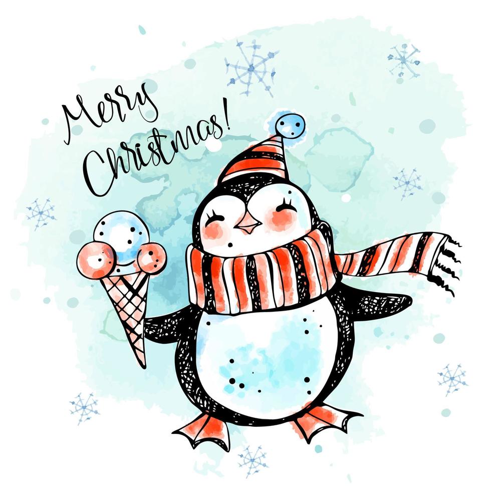 Merry Christmas.  A cheerful penguin in a hat and scarf with ice cream. New Year's card. Watercolor graphics. Vector