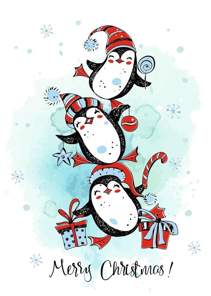 Feliz navidad pingüinos están bailando. tarjeta de año nuevo. gráficos de acuarela. vector