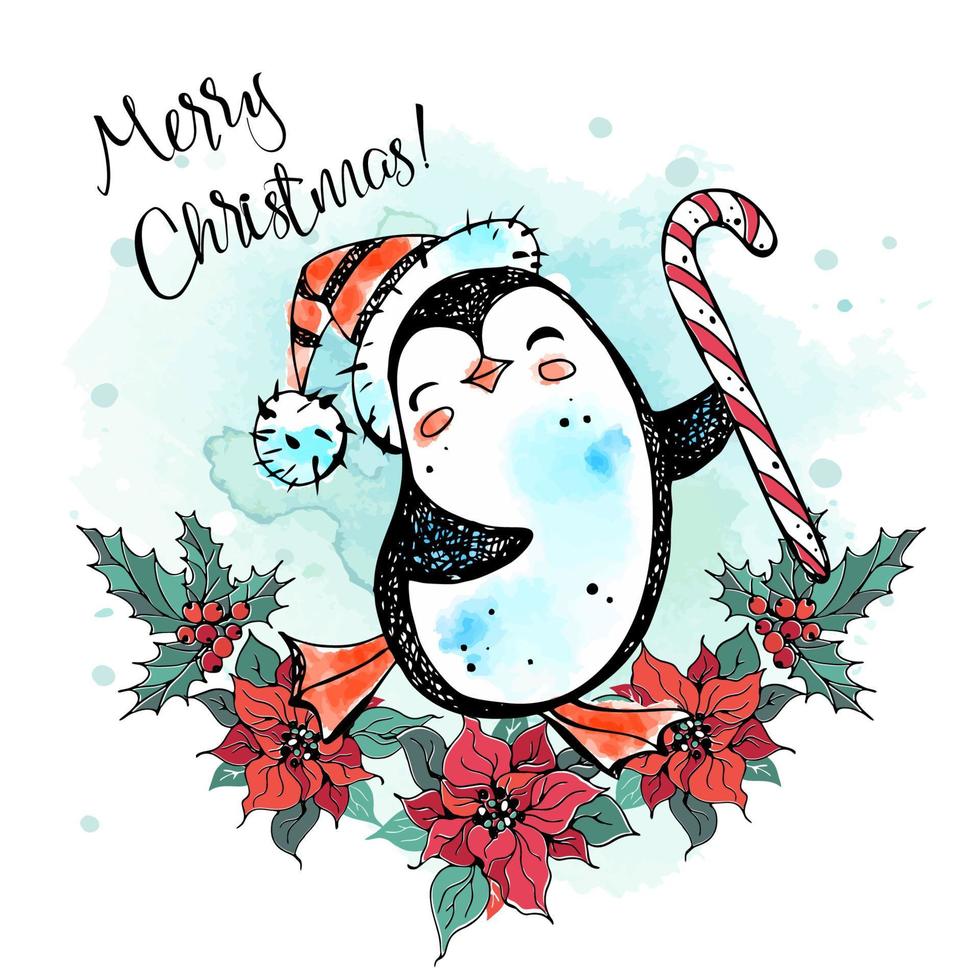 A Christmas card with a cheerful penguin in a cap with a lollipop. Poinsettia wreath. Watercolor, graphics. Vector. vector