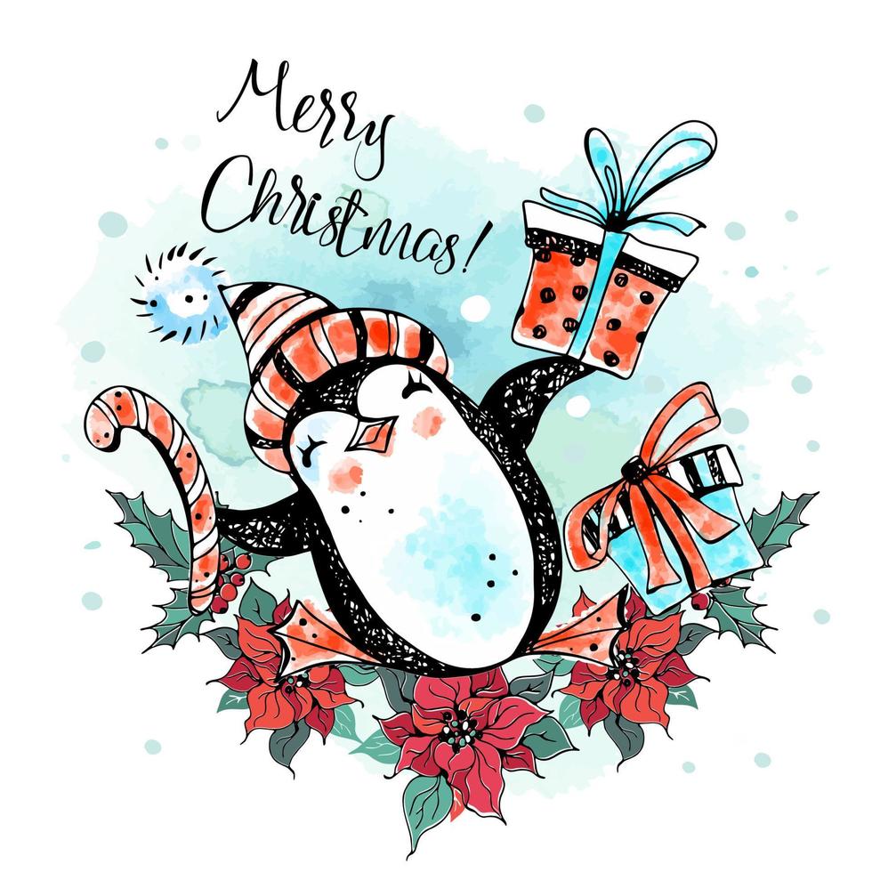 A Christmas card with a cheerful penguin in a hat with gifts. Poinsettia wreath. Watercolor, graphics. Vector. vector