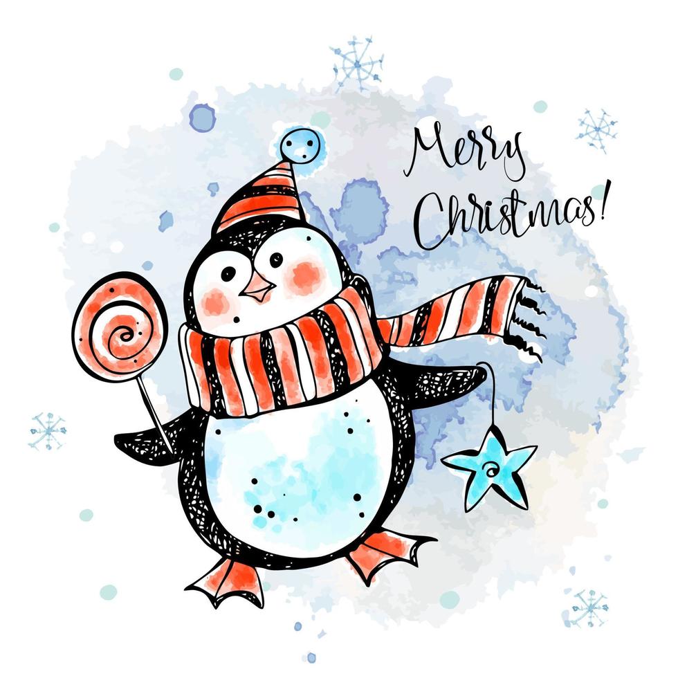 Merry Christmas.  A cheerful penguin in a hat and scarf with a lollipop and a Christmas toy. New Year's card. Watercolor graphics. Vector