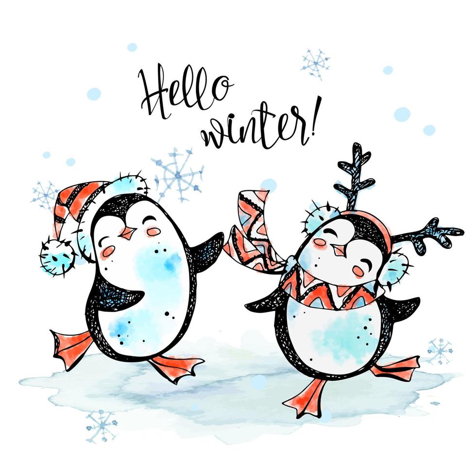 Hola invierno. pingüinos de feliz navidad con sombreros bailando. tarjeta de año nuevo. gráficos de acuarela. vector