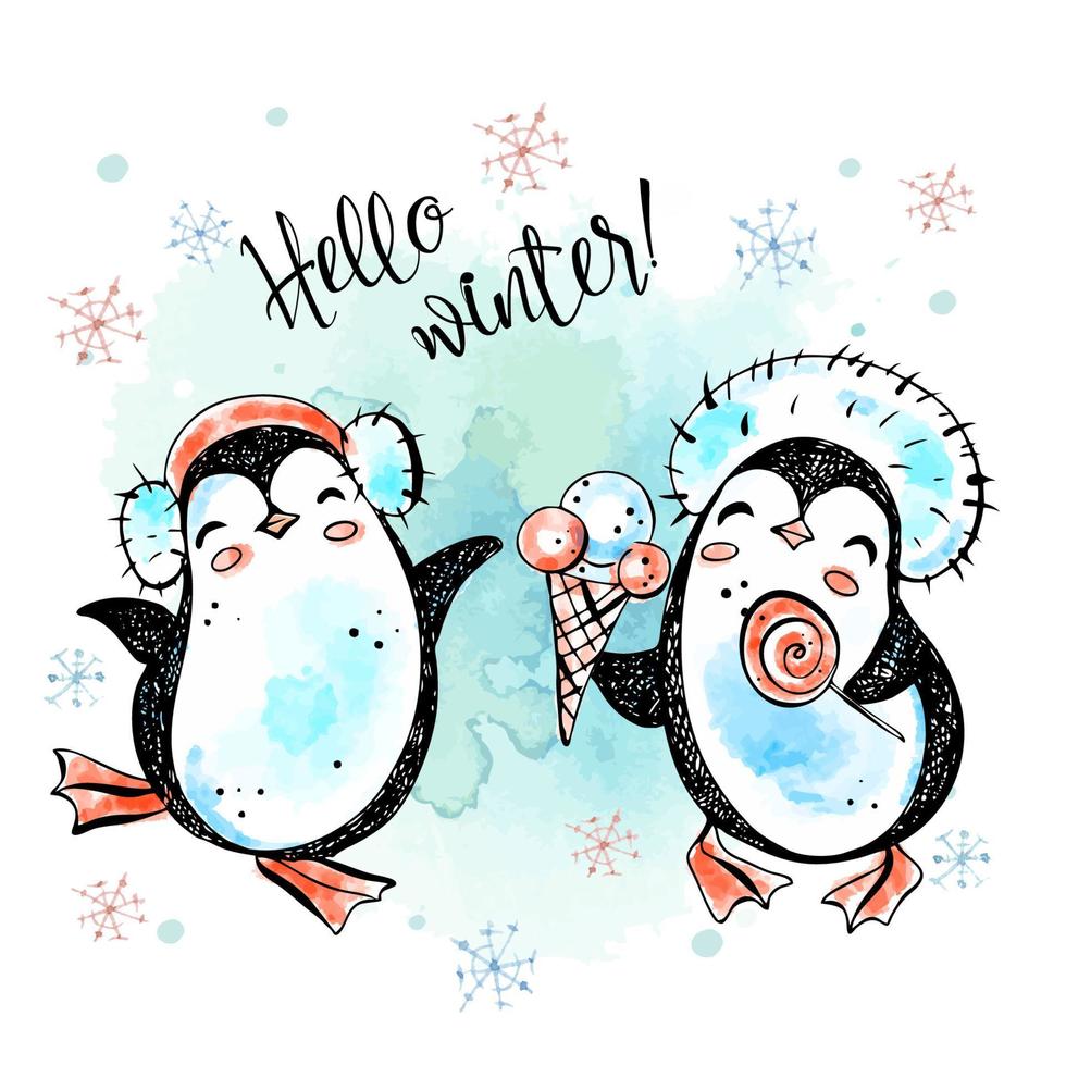 Hello winter. Merry Christmas penguins in ice cream hats. New Year's card. Watercolor graphics. Vector