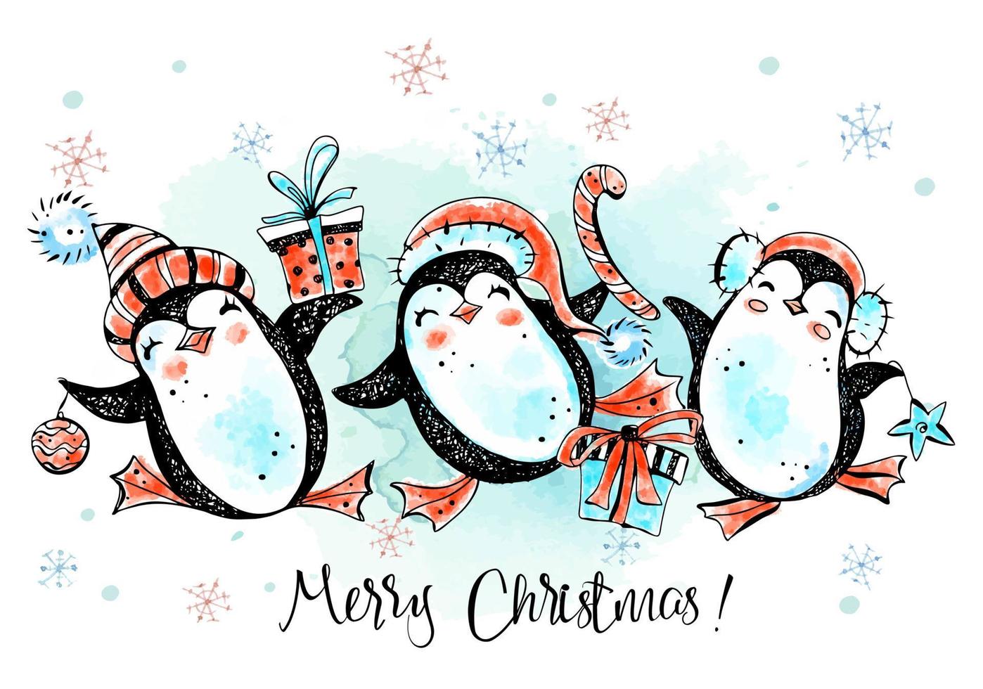 Merry Christmas penguins are dancing. New Year's card. Watercolor graphics. Vector