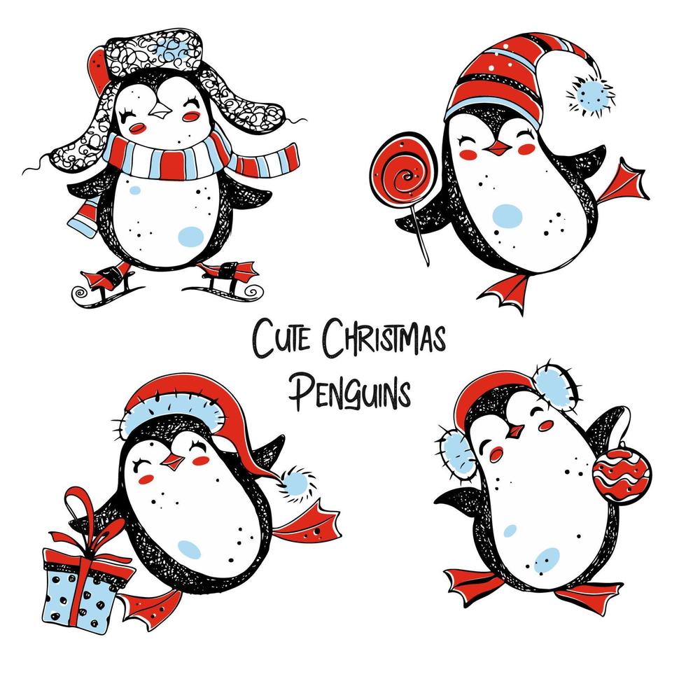 Cute Christmas penguins. Set 4. Graphics . Doodles. Vector. vector