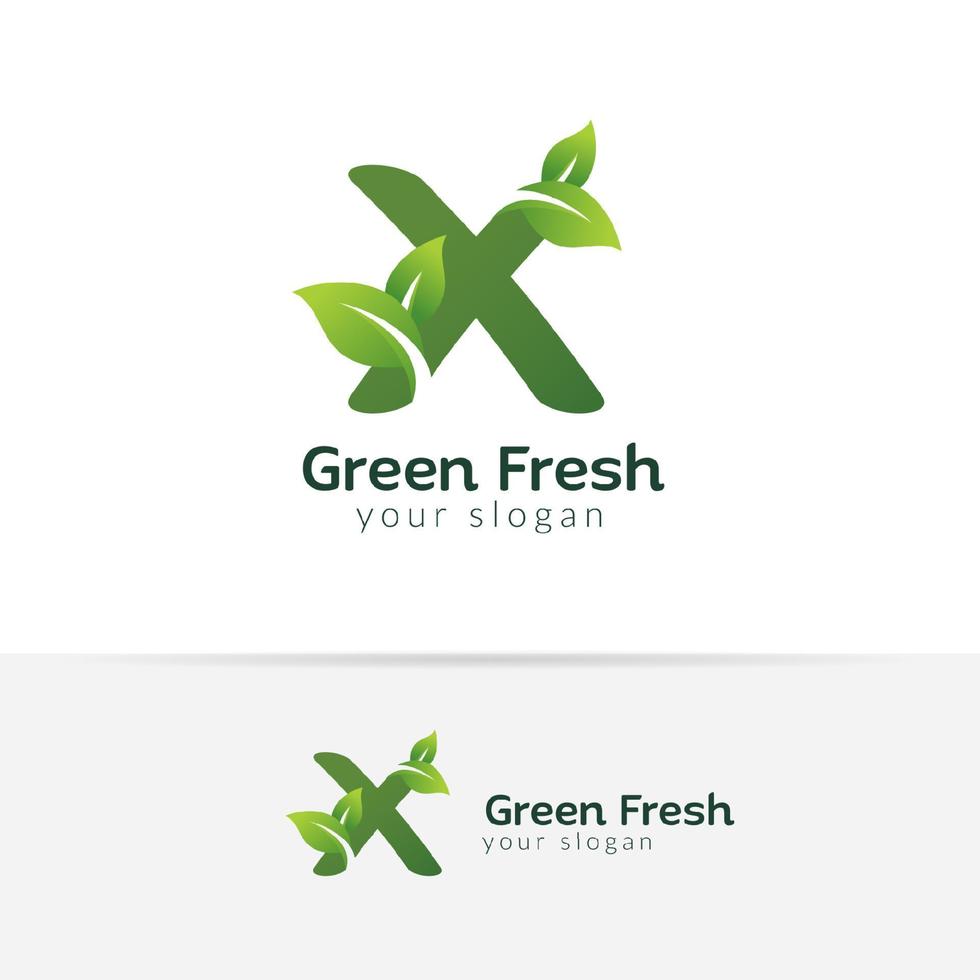 Eco green letter X logo design template. Green alphabet vector designs with green and fresh leaf illustration.