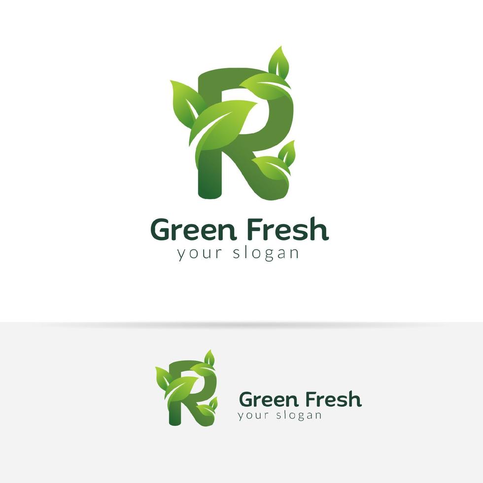 Eco green letter R logo design template. Green alphabet vector designs with green and fresh leaf illustration.