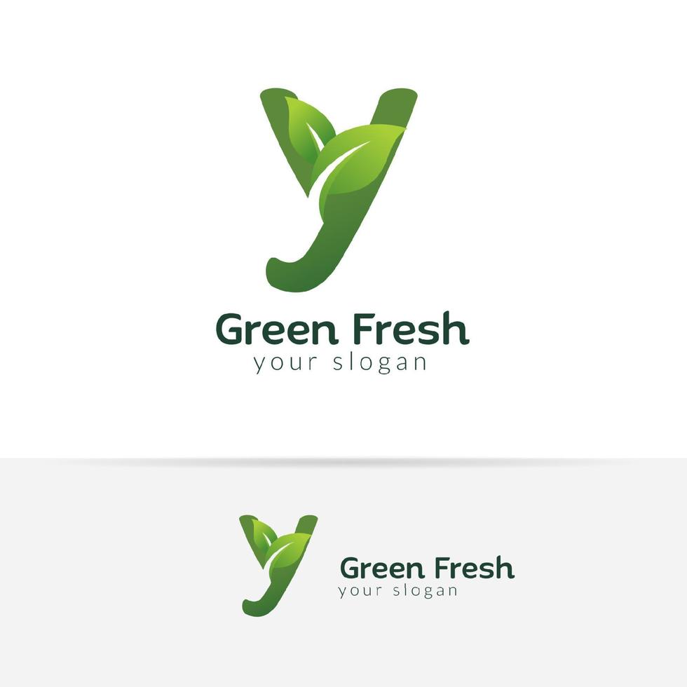 Plantilla de diseño de logotipo eco verde letra y. diseños de vector de alfabeto verde con ilustración de hoja verde y fresca.