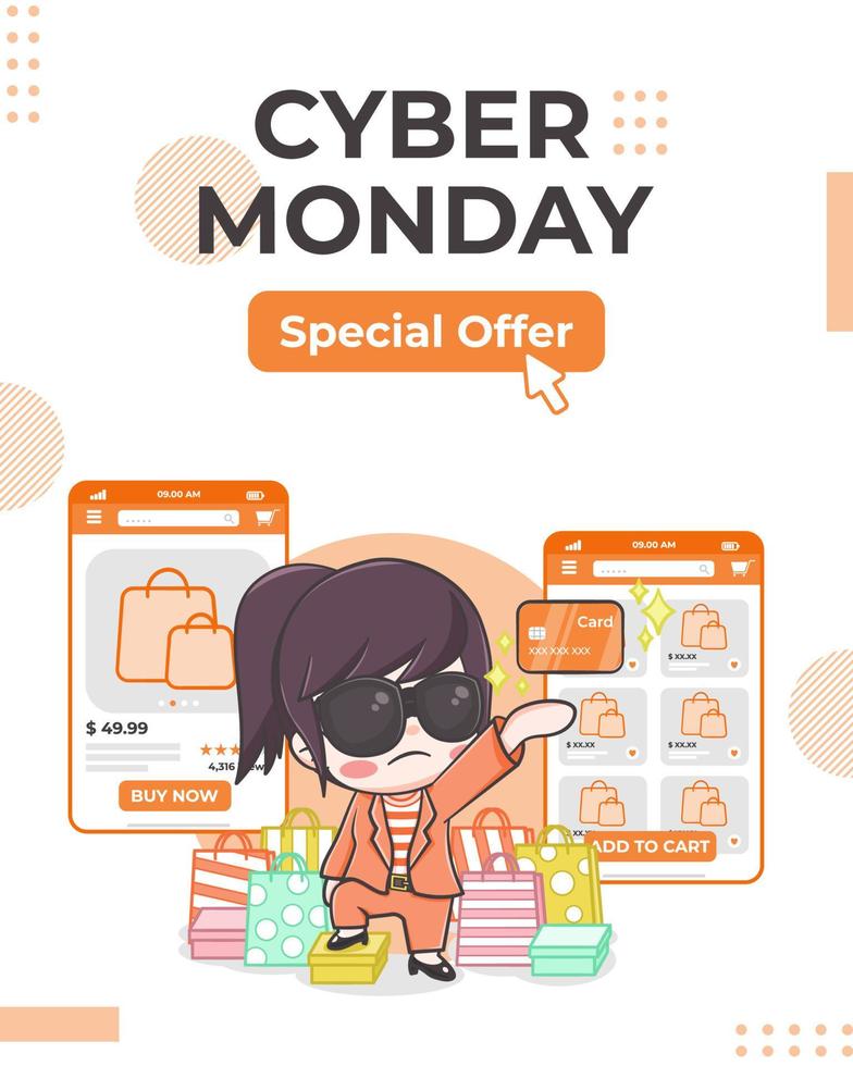 Plantilla de banner de venta de Cyber Monday con una linda chica de compras en línea ilustración de dibujos animados vector
