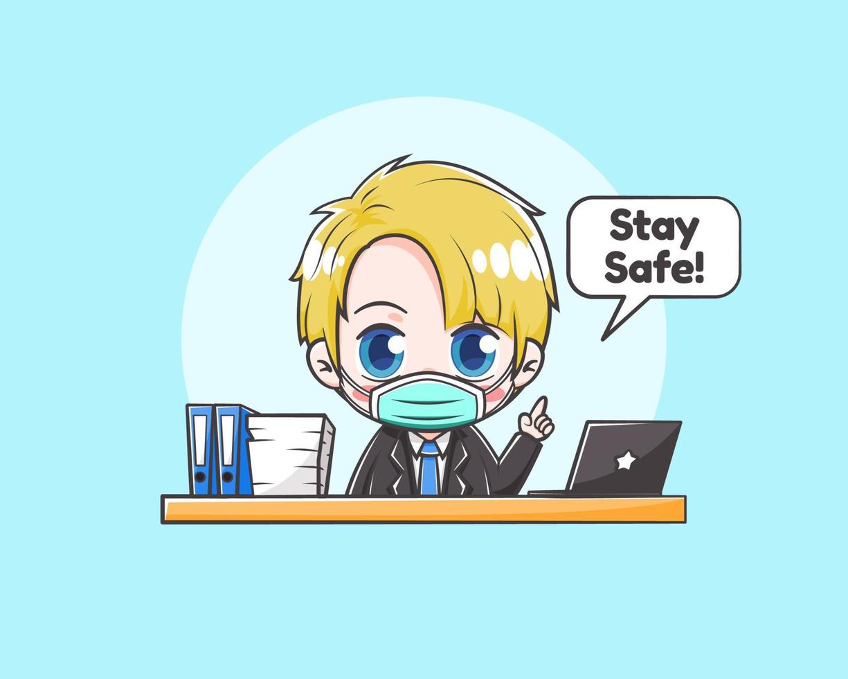 Cute businessman saying to stay safe cartoon illustration vector