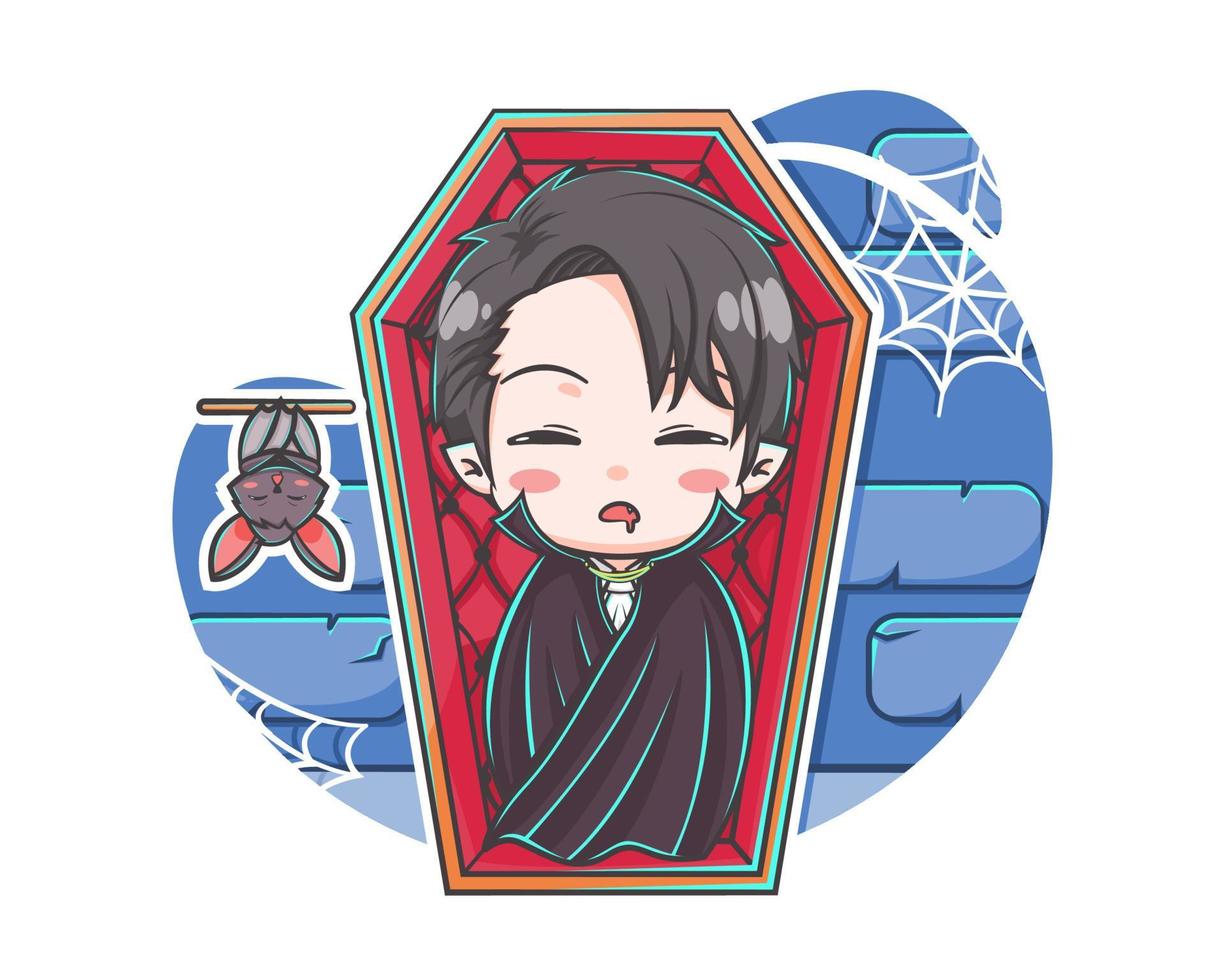 Cute vampire sleeping with a bat cartoon illustration vector