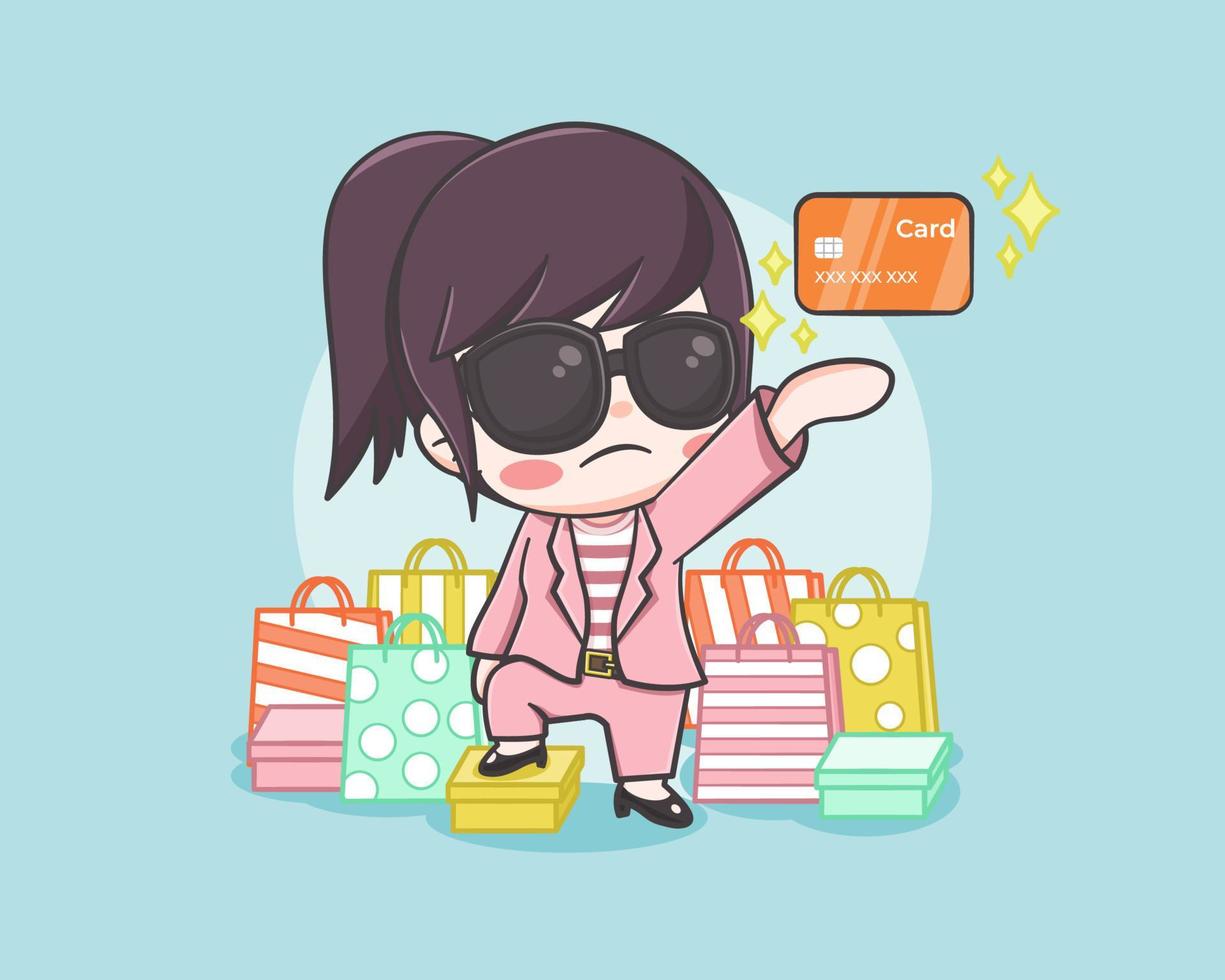 Cute girl shopping with a magic credit card cartoon illustration vector