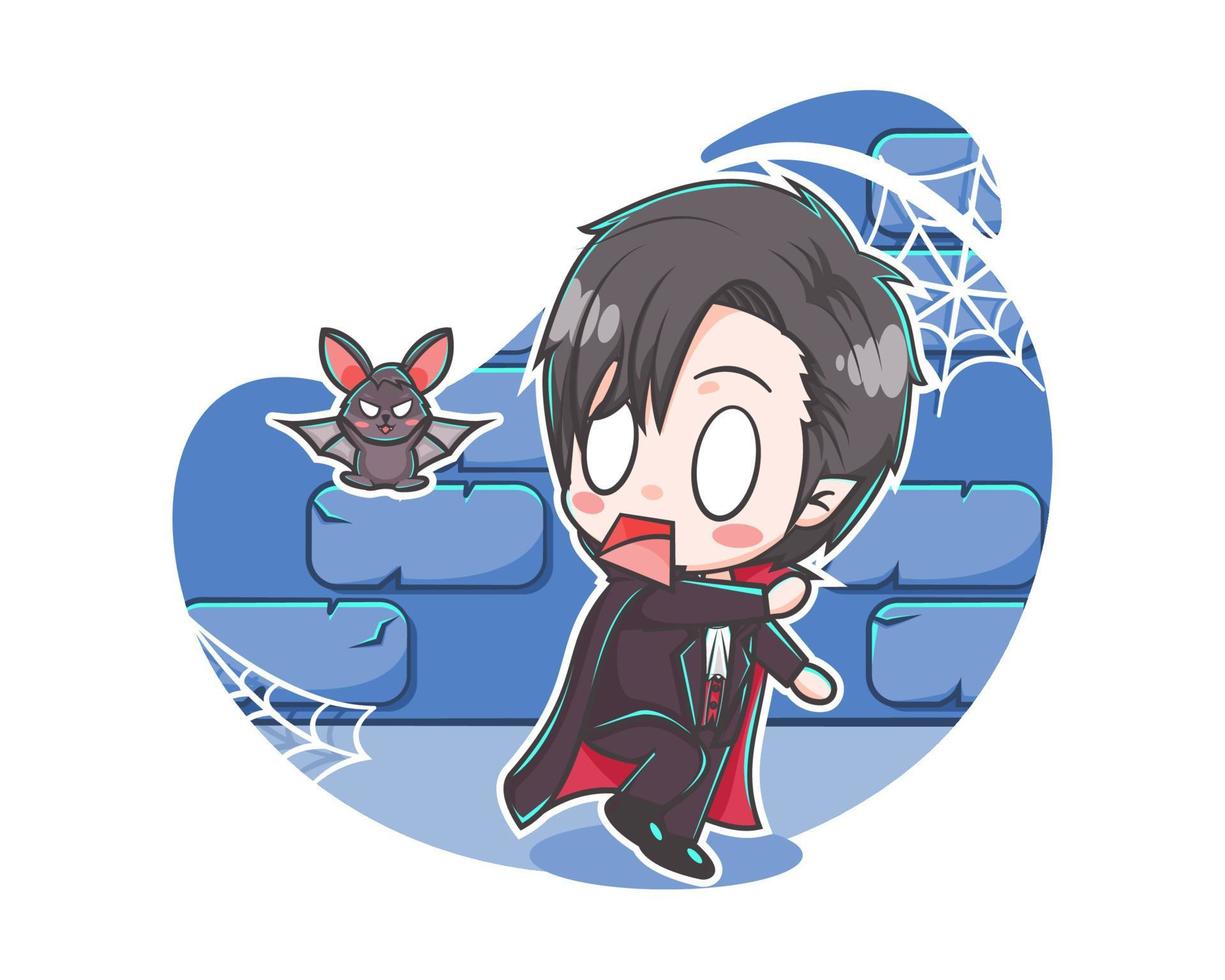 Cute vampire scared with a bat cartoon illustration vector