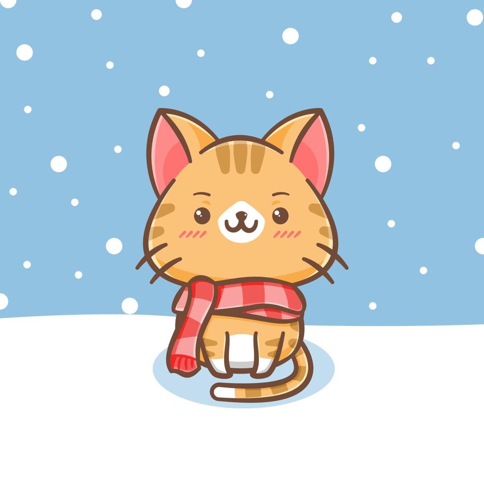 adorable gato en la nieve ilustración de dibujos animados vector