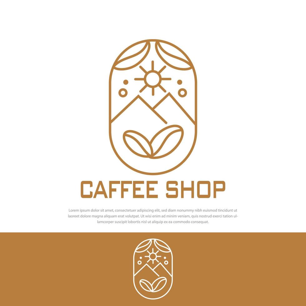 Logotipo de café con líneas clásicas, diseño de lujo, fondo de montaña brillante, perfecto para cafeterías. vector