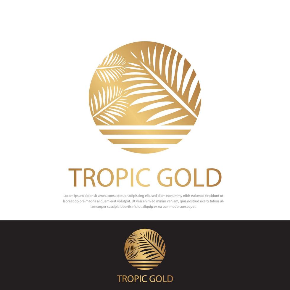 Tropical gold logo.palm fronds in sun circle.resort and spa emblem.tropical cosmetics beauty identity,business card,business vector