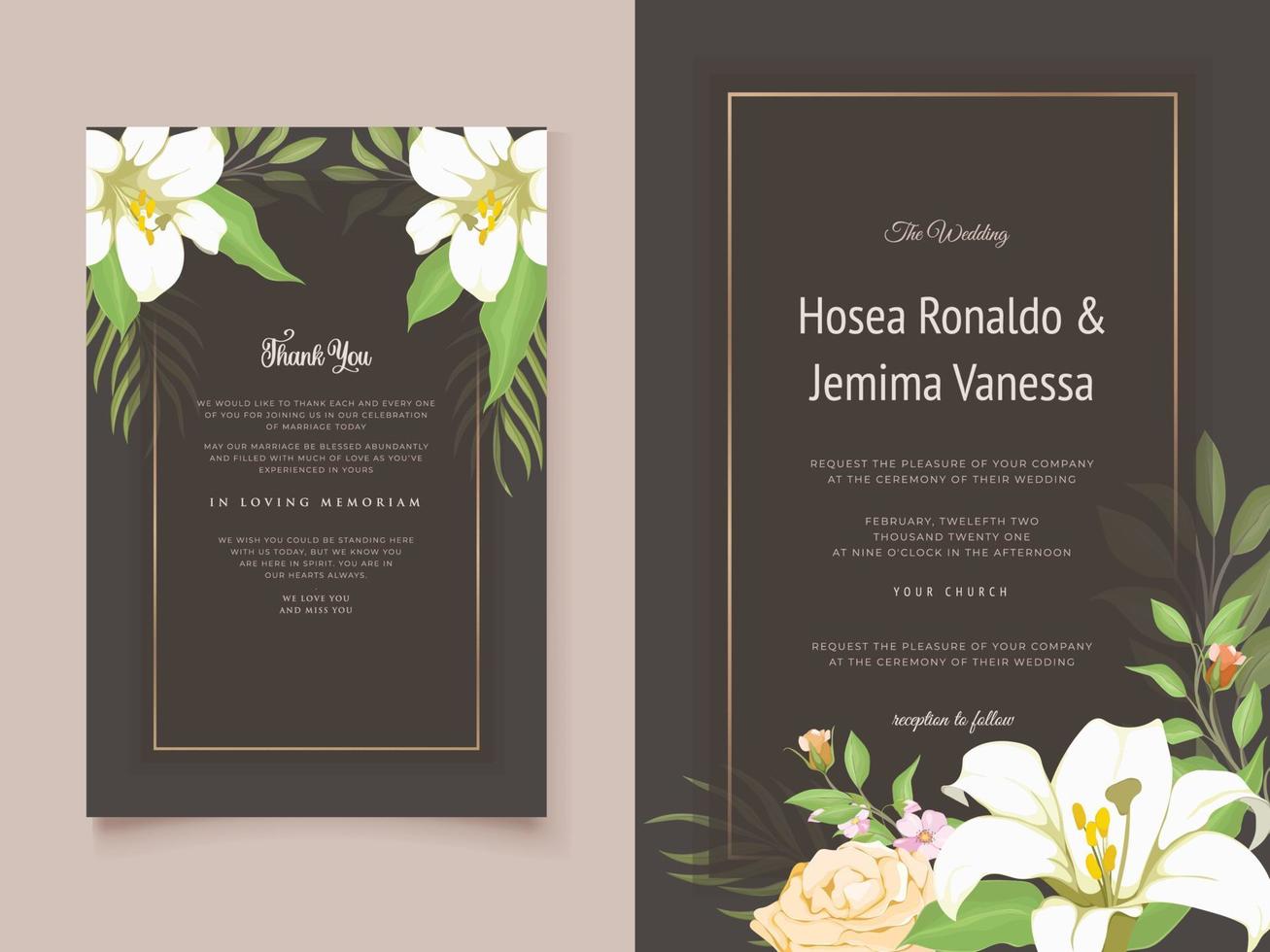 hermoso diseño de tarjeta de invitación de boda con flor de lirio y hojas vector