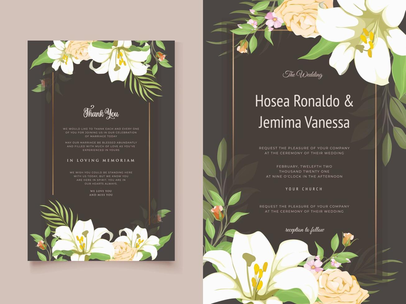 hermoso diseño de tarjeta de invitación de boda con flor de lirio y hojas vector