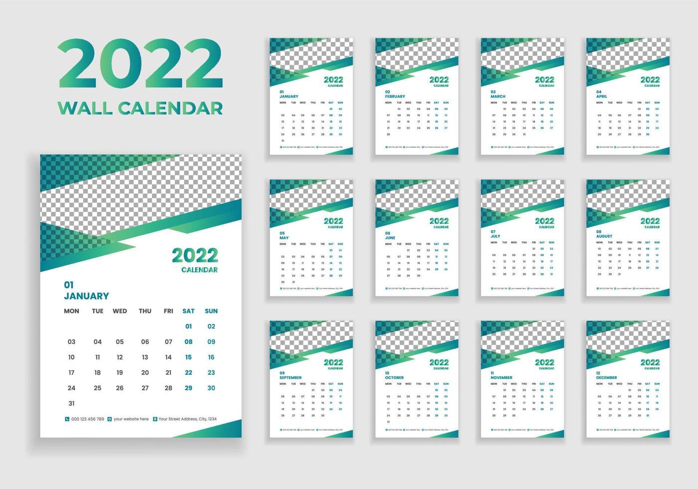 diseño de calendario de pared 2022. diseño de calendario de pared 2022. diseño de calendario de año nuevo 2022. la semana comienza el lunes. plantilla para calendario anual 2022 vector