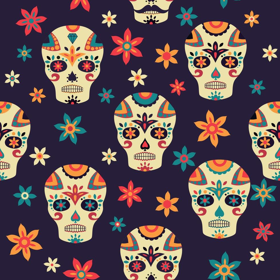 Patrón mexicano sin costuras día de muertos con calaveras de azúcar y flores. vector