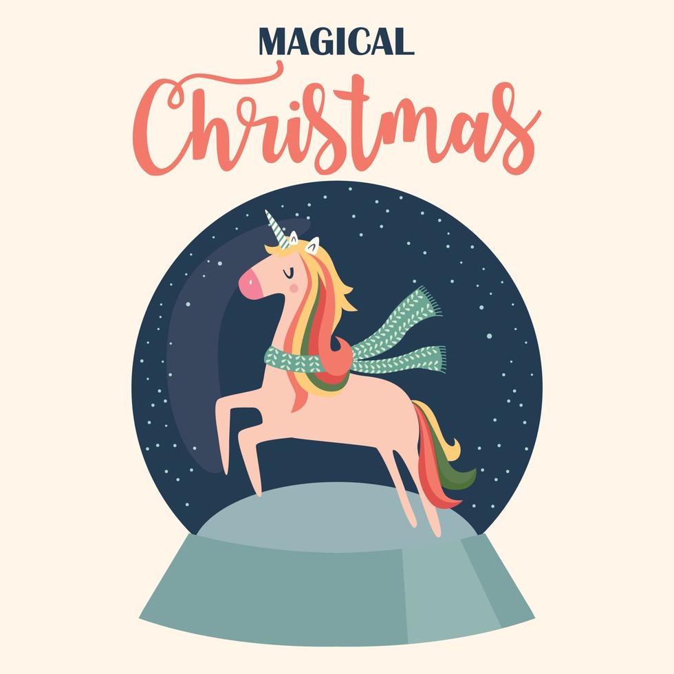 Christmas card with snowball and unicorn vector