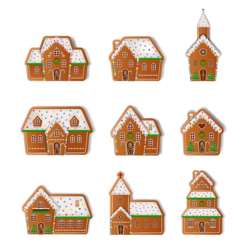set of isolated gingerbread houses and churches. christmas gingerbread cookies vector