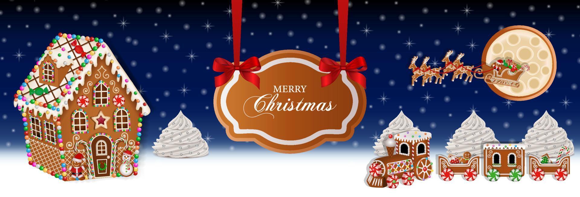 christmas banner with gingerbread landscape. christmas landscape with gingerbread house, train and sleigh vector