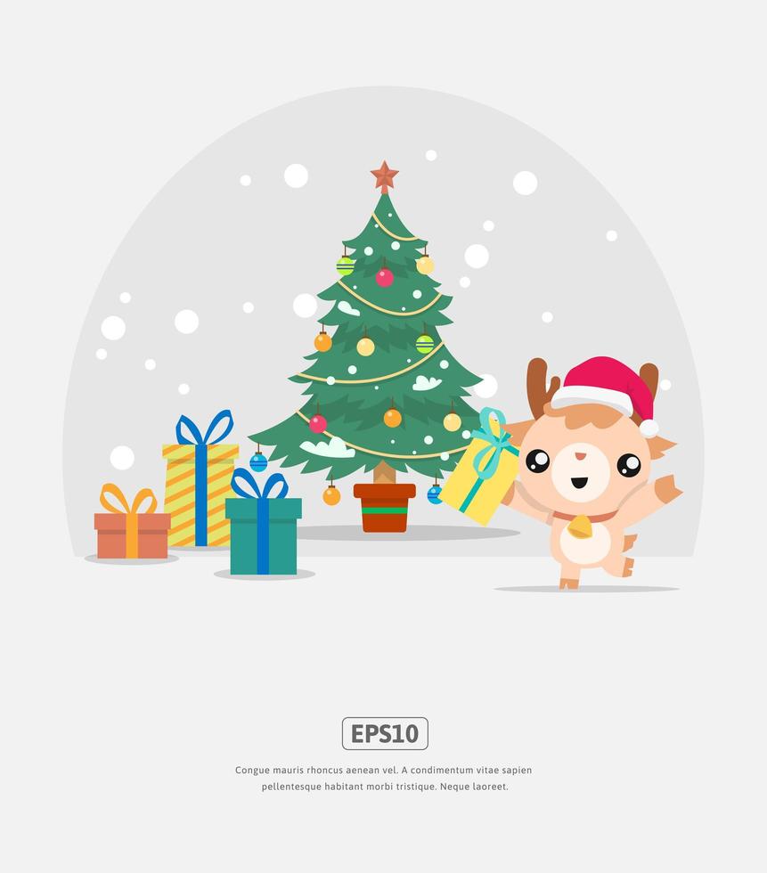 ilustración plana, renos, árbol de navidad y regalos. vector