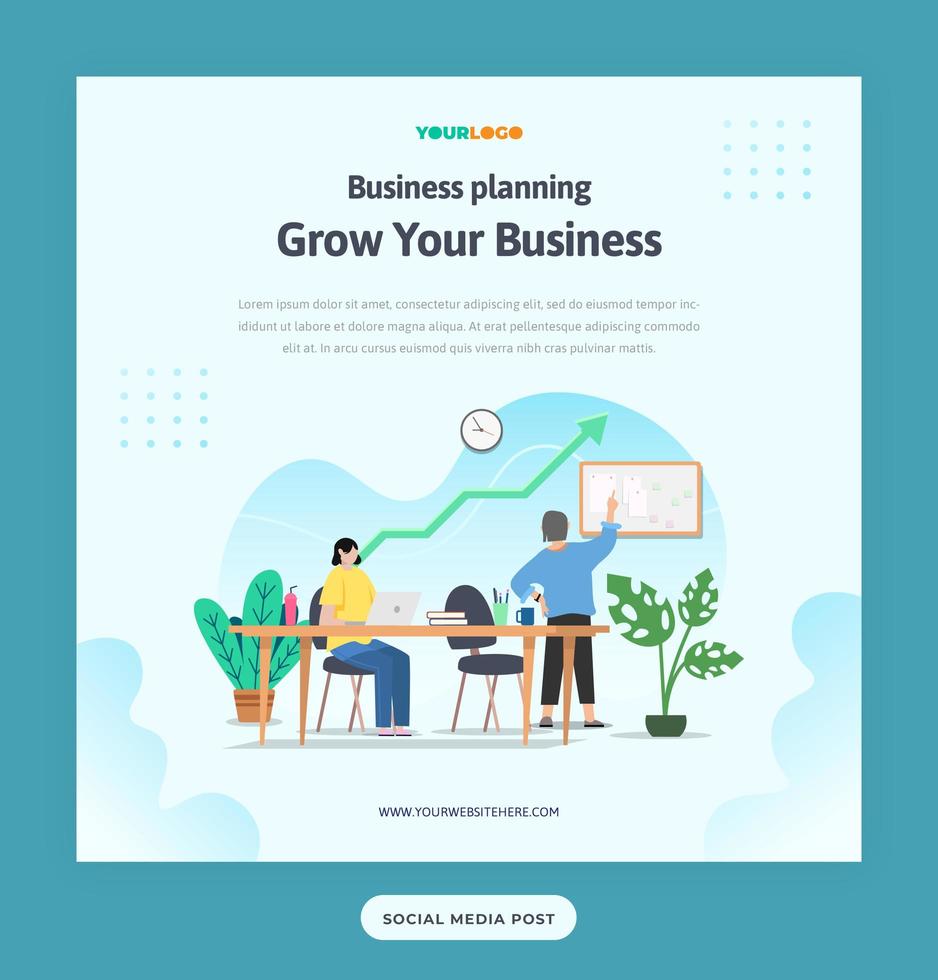 Social Media Post Template with flat Character, statistics illustration Growing Business vector