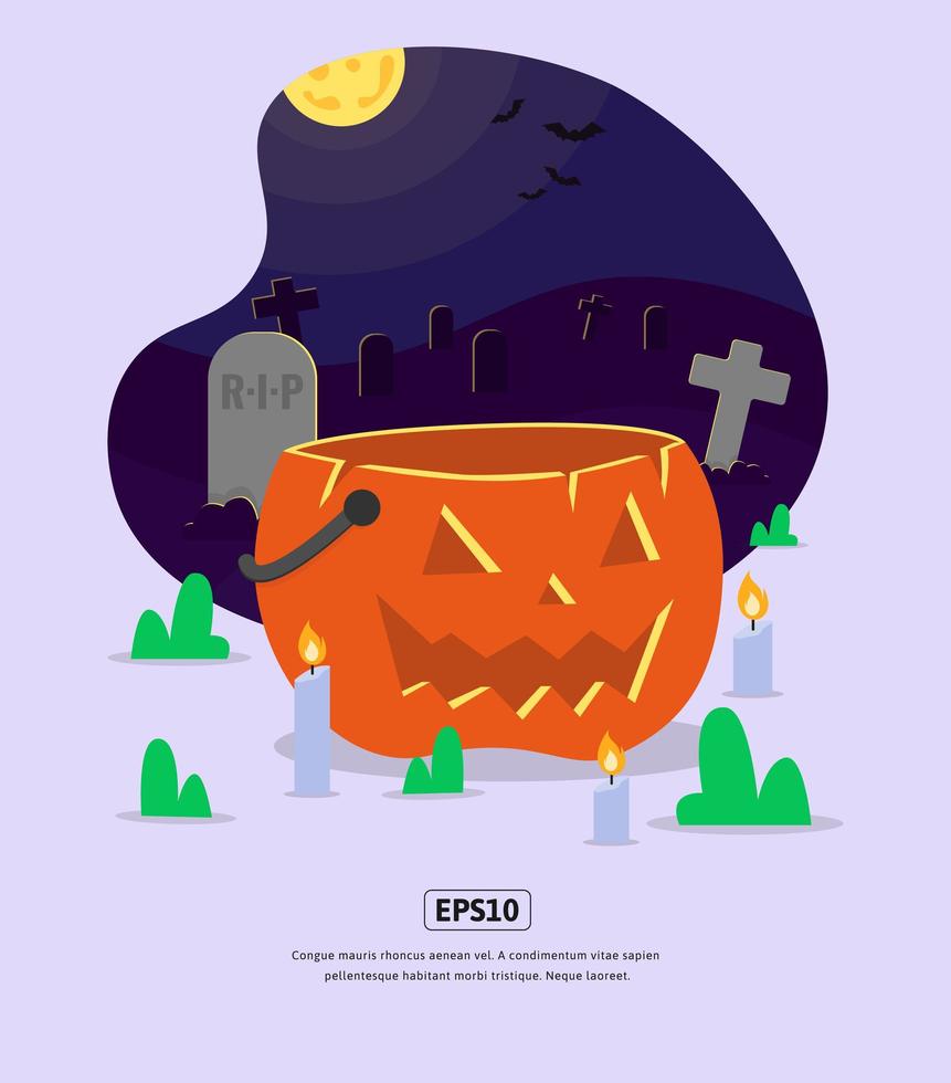 Ilustración plana, halloween con calabaza y lápida para diseño web, aplicación, infografía, impresión, etc. vector