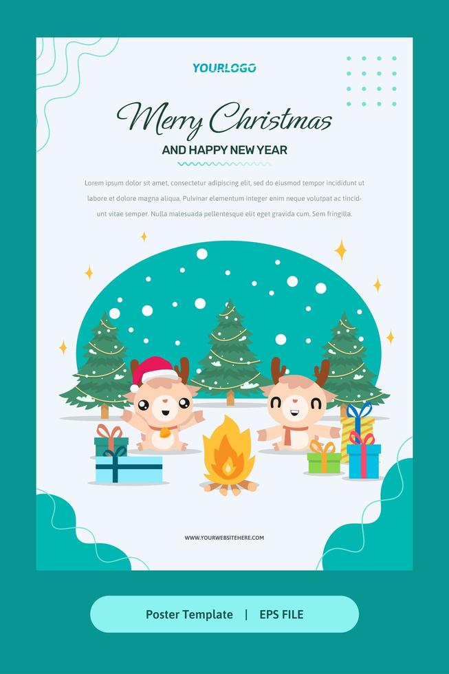 Ilustración plana, plantilla de póster con renos, árbol de navidad y regalos. vector