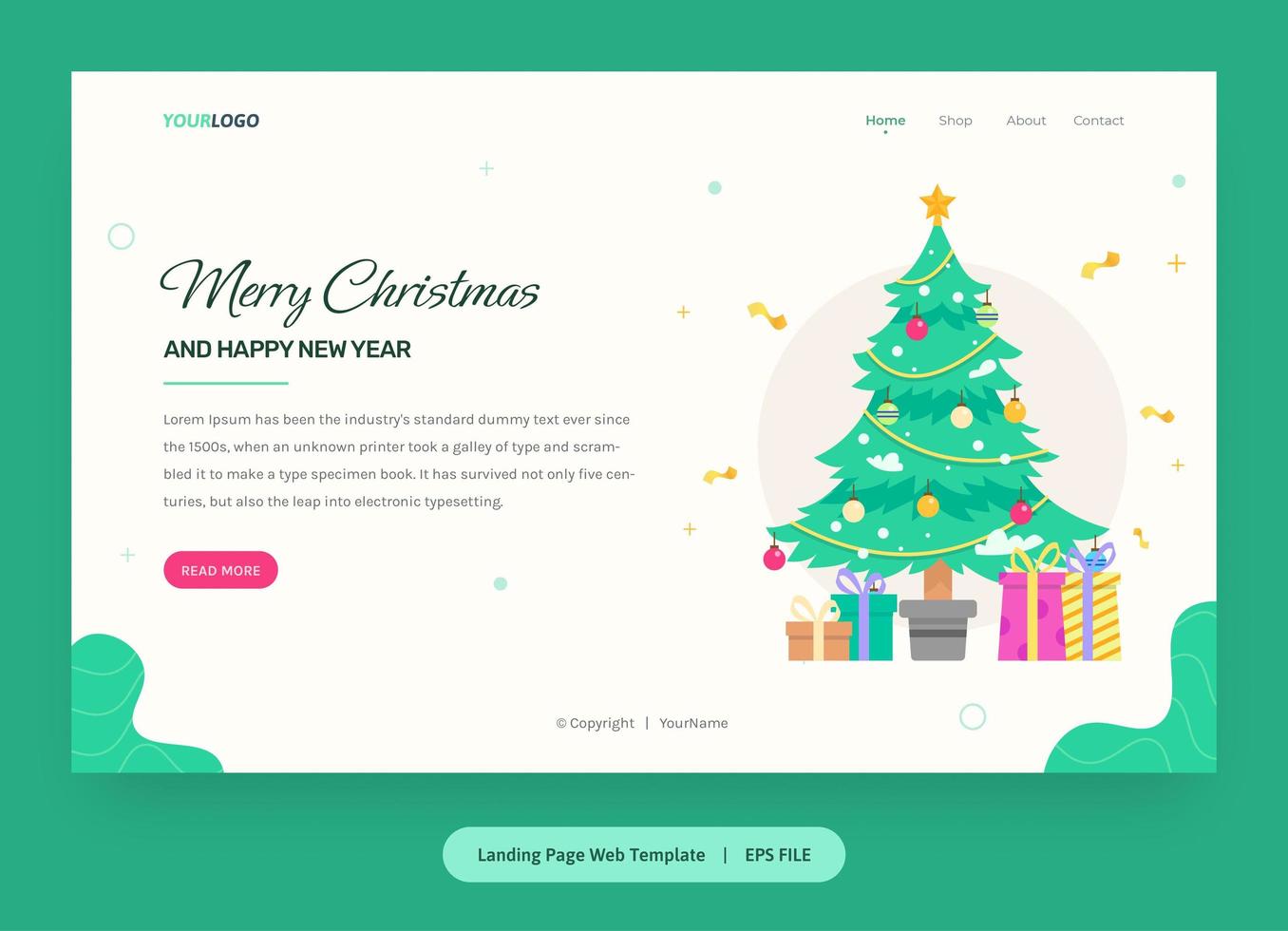 Ilustración plana, plantilla de página de destino con árbol de Navidad y caja de regalo, utilizada para web, aplicación. vector