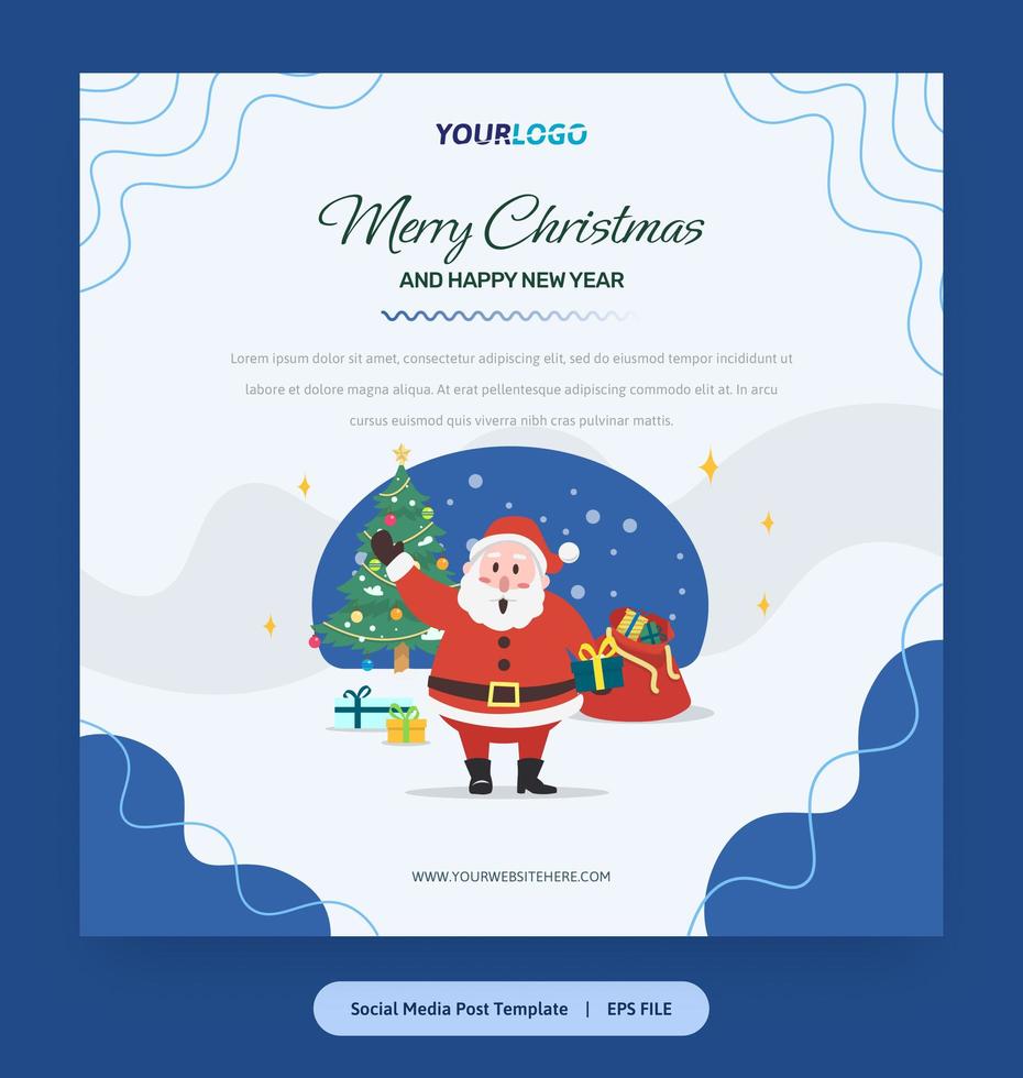 ilustración plana, plantilla de publicación con santa claus, árbol de navidad y regalos vector