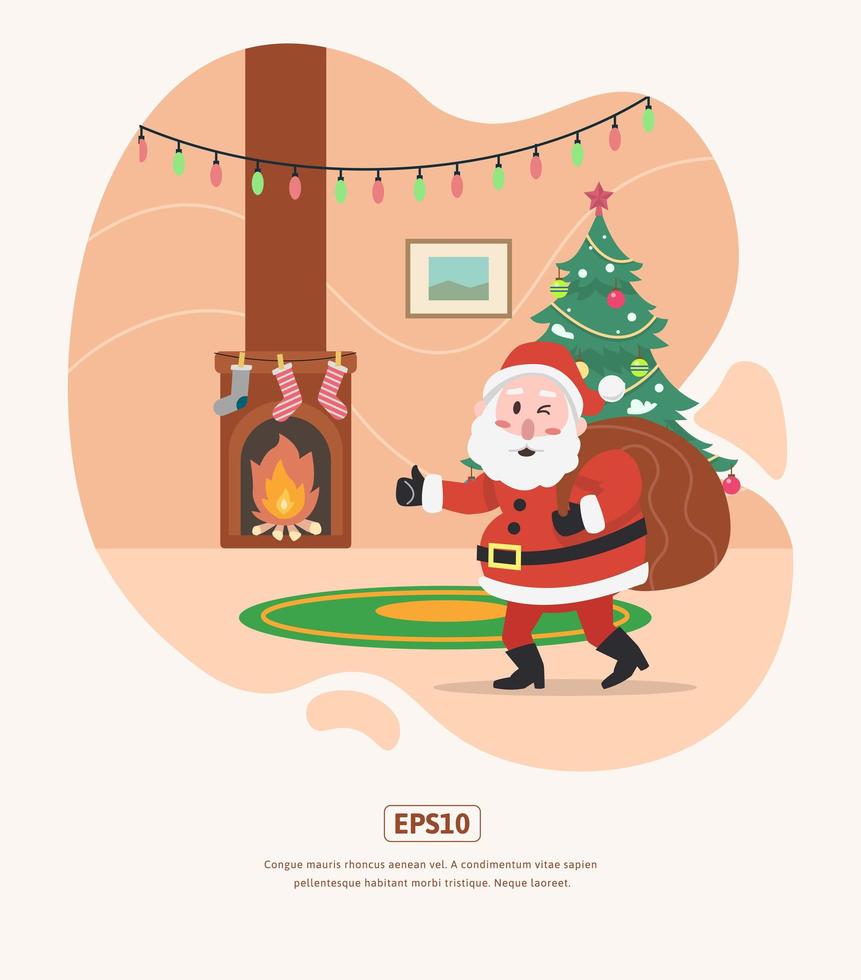 ilustración plana, santa claus, árbol de navidad y regalos. vector