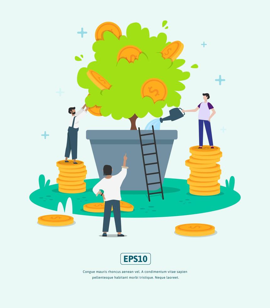 Flat Illustration with Character, Plants and Coins Growing Business vector