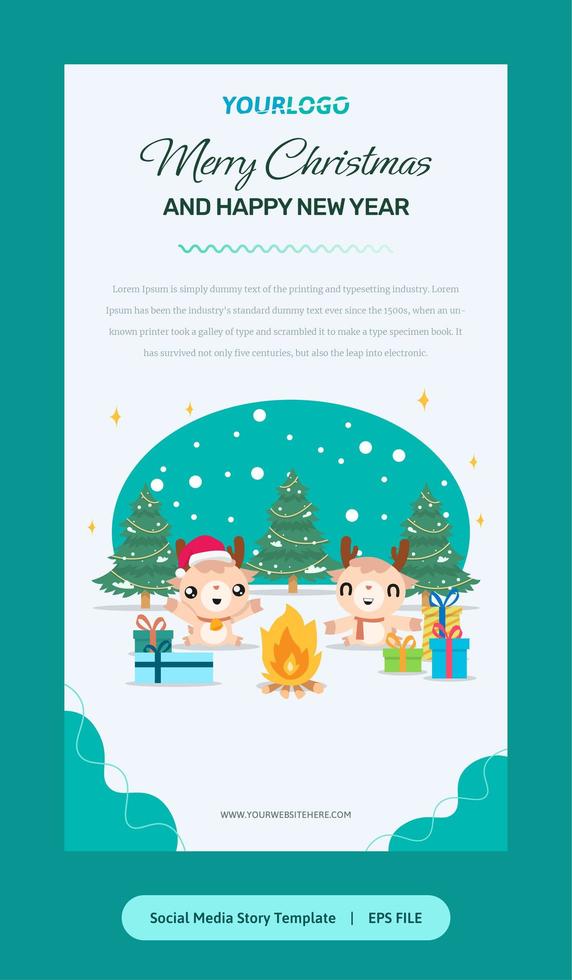 Flat Illustration, Story Template with reindeer, christmas tree and gifts vector