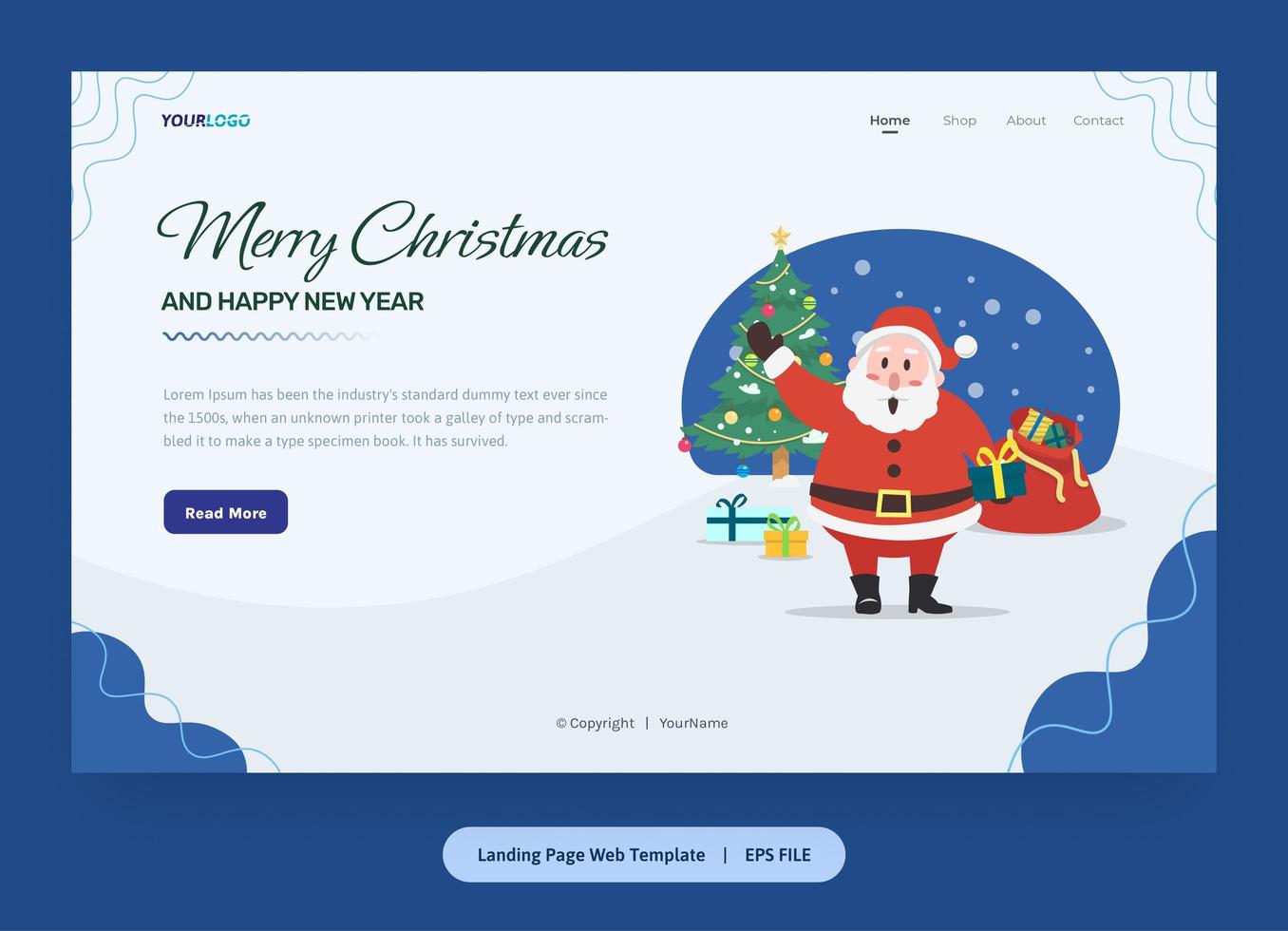 Flat Illustration, Landing Page Template with santa claus, christmas tree and gifts vector