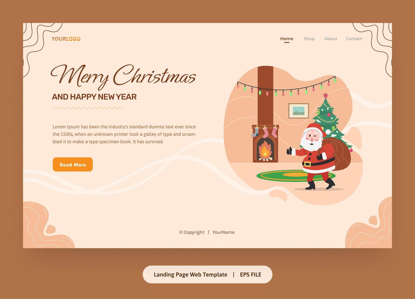 Flat Illustration, Landing Page Template with santa claus, christmas tree and gifts vector