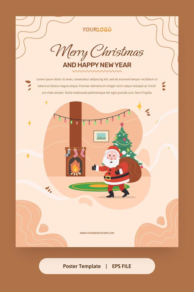 ilustración plana, plantilla de póster con santa claus, árbol de navidad y regalos vector