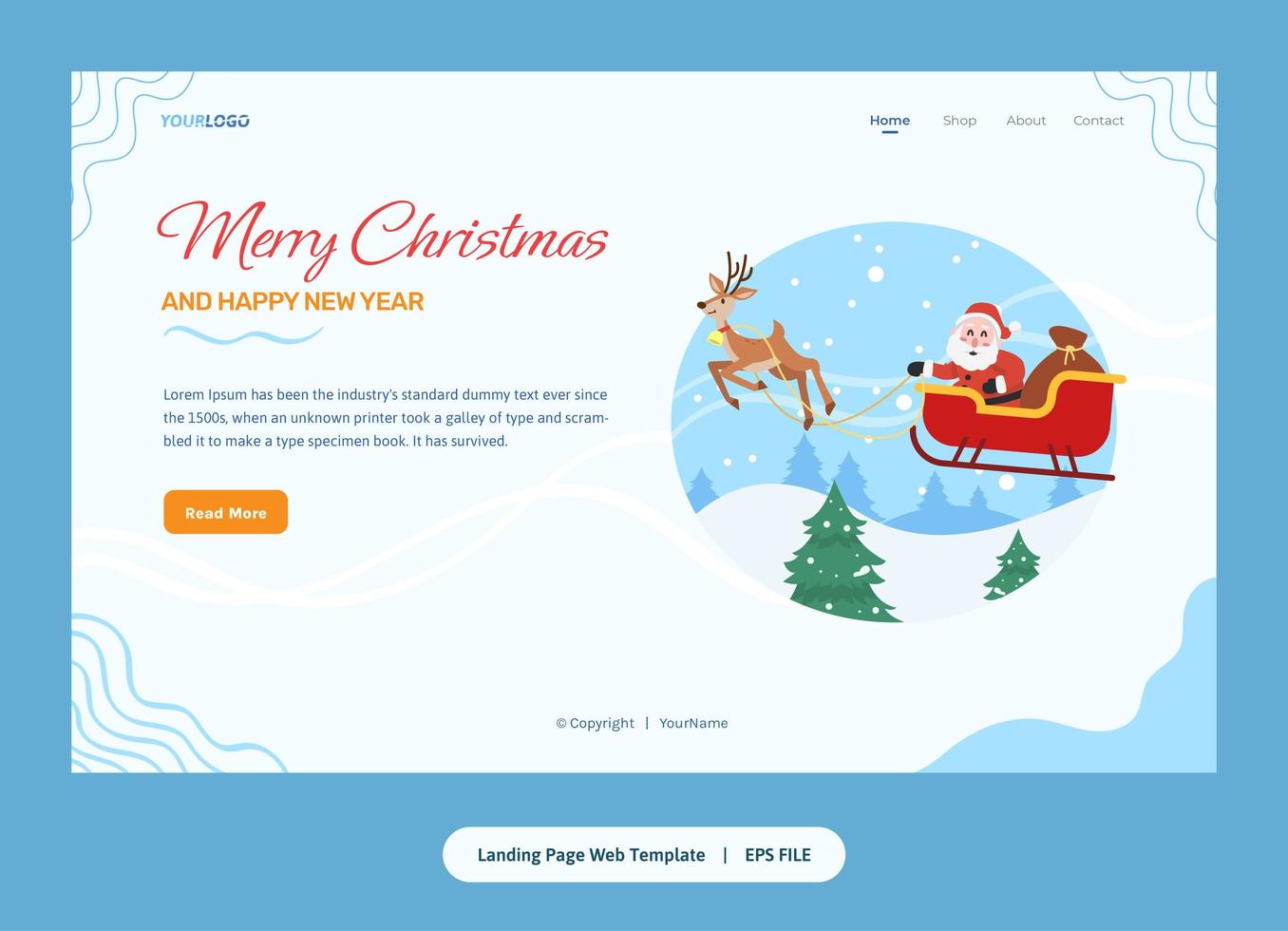 Flat Illustration, Landing Page Template with santa claus, reindeer and gifts vector