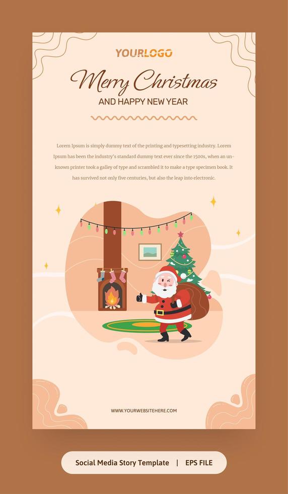 ilustración plana, plantilla de historia con santa claus, árbol de navidad y regalos vector