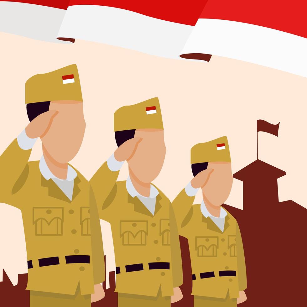 three soldier saluting indonesian flag suitable for Indonesian heroes day vector