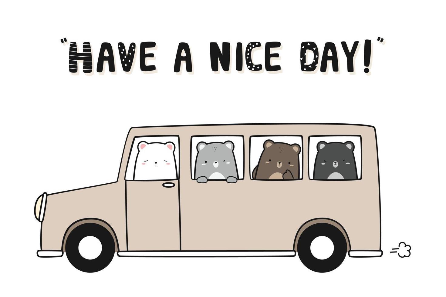 oso de peluche y oso polar conduciendo coche dibujos animados doodle ilustración vector