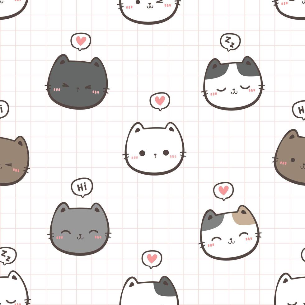 Cute cat kitty head cartoon doodle seamless pattern vector