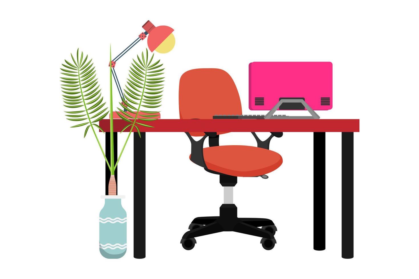 Hermoso escritorio moderno para la oficina en casa con silla, mesa y plantas de la casa, lámpara de mesa, computadora vector