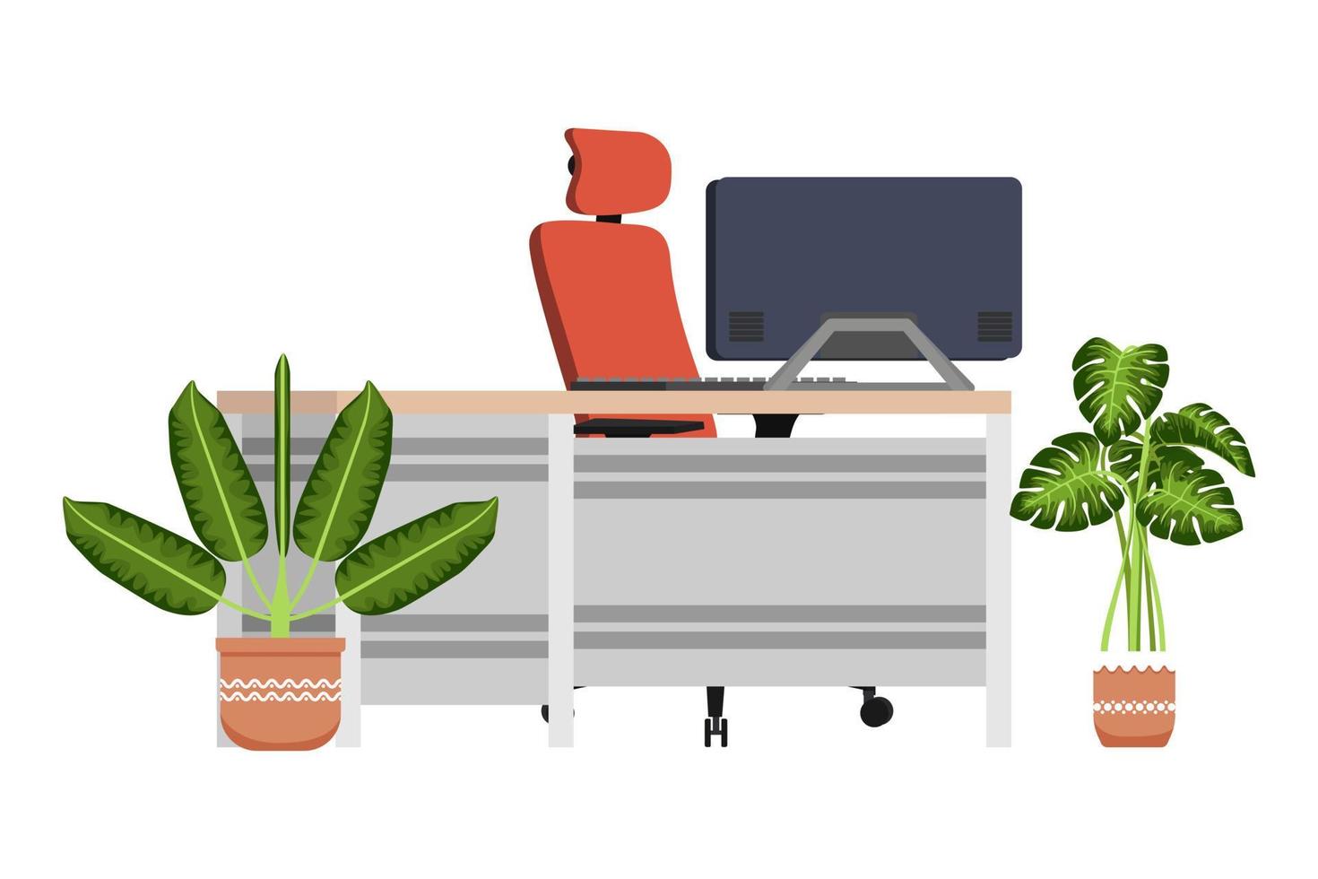 Hermoso escritorio moderno para autónomo de oficina en casa con mesa, silla y con cajón, computadora y plantas de interior. vector