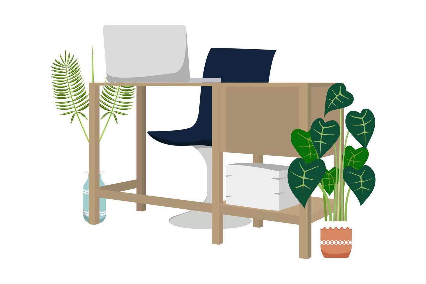 Modern desk for modern home office freelancer with table chair and drawer with pc laptop computer and with house plants vector