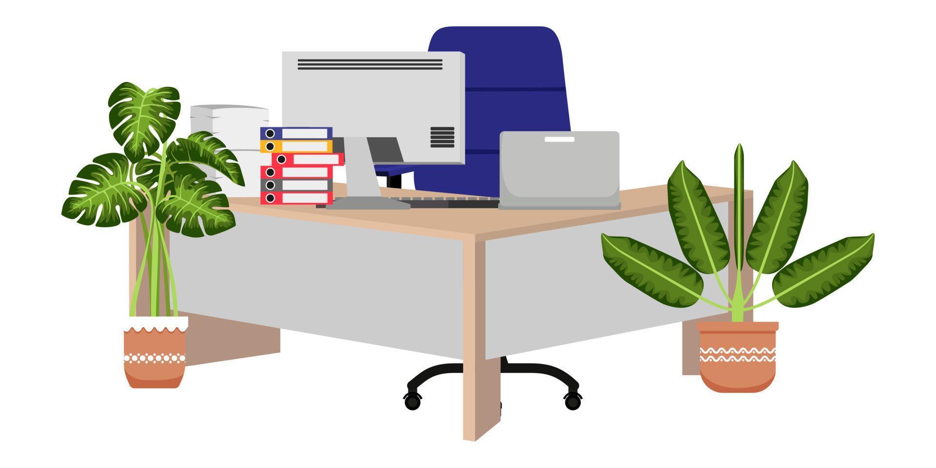 Cute modern desk for home office freelancer with chair L shape table with some paper pile and with house plants laptop pc computer vector