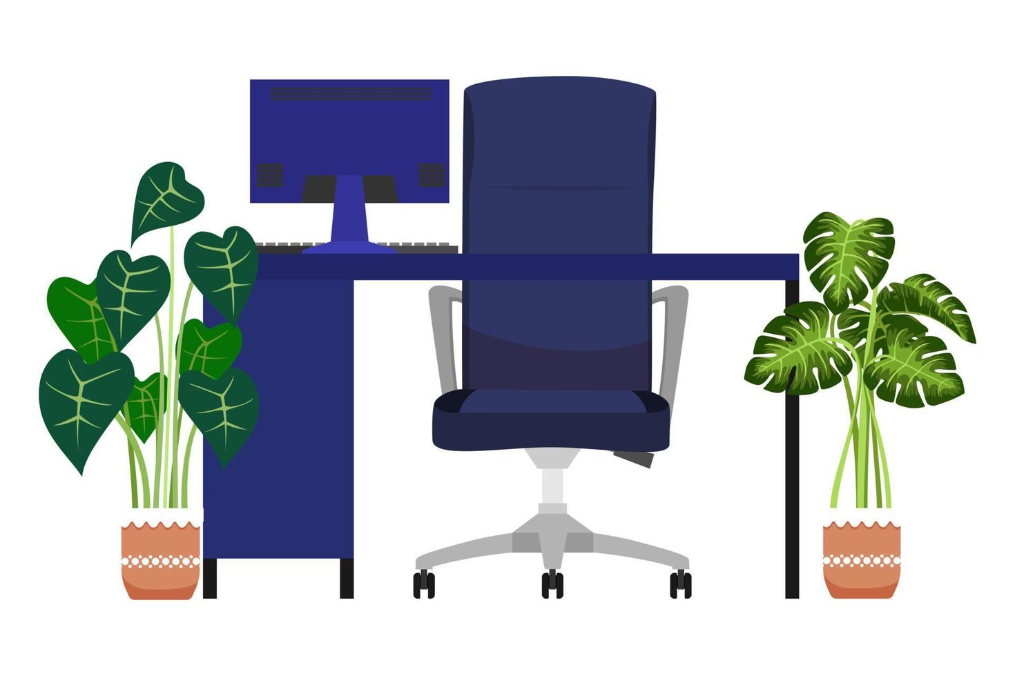 Beautiful desk with chair table cabinet and with pc laptop computer with house plants for home office freelancer vector